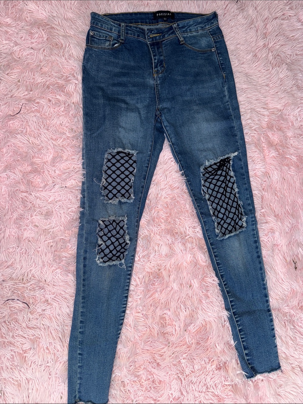 Parisian Works Blue Skinny Jeans with Black Fishnet Insets